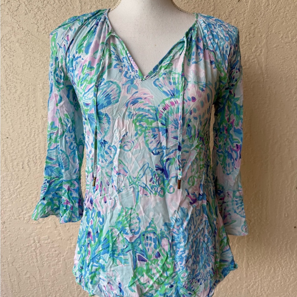 Lilly Pulitzer Willa Flounce Sleeve Top Aqua Blue Amethyst Tint Shell Print XXS
